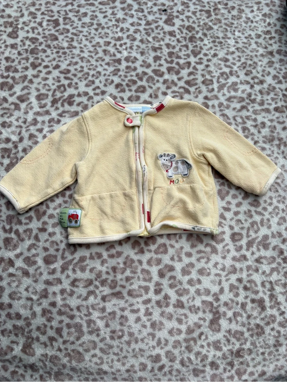 Vintage Yellow Baby Zip Up Sweater Size 6-9 Months Cow Appliqué Cottagecore
